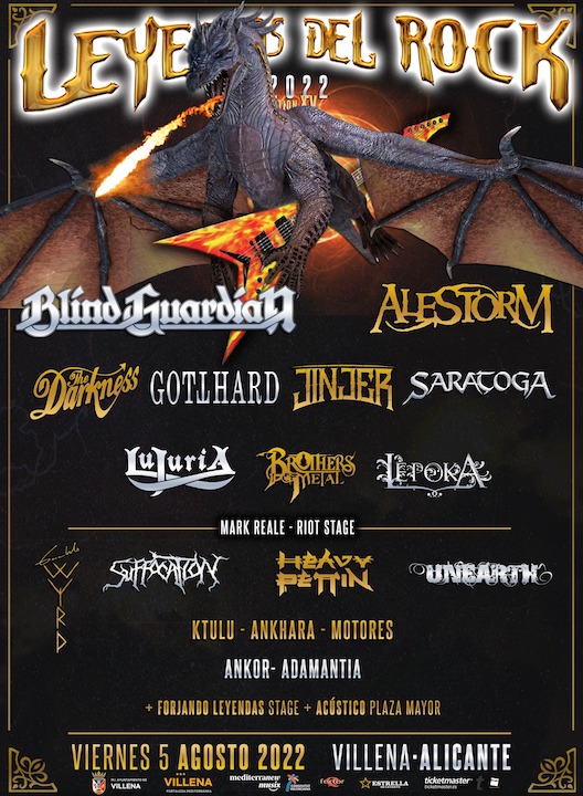 Blind Guardian + Alestorm + The Darkness + Gtthard + Jinjer + Saratoga + Lujuria + Brothers of Metal + Lèpoka + Suffocattion + Heavy Pettin + Unearth + Ktulu + Ankhara + Motores + Ankor + Adamantia