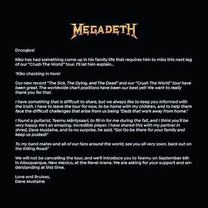 Kiko Loureiro abandona el tour amb Megadeth